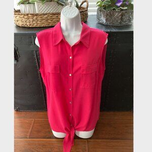 Jones New York Sleeveless Button Down Tie Blouse Coral Pink Large